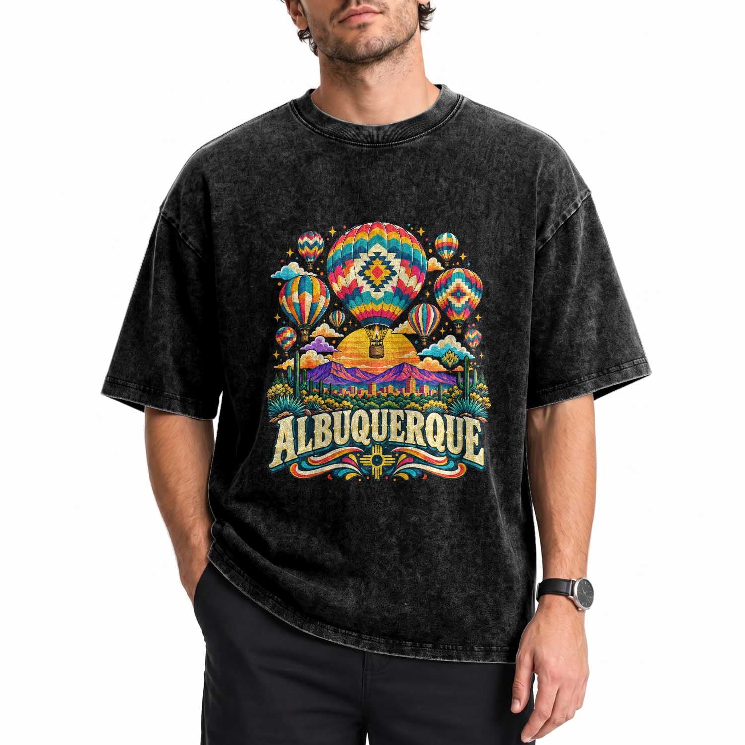 Colorful Albuquerque Hot Air Balloon Festival Graphic Washed Cotton T-Shirt Southwestern Sunset Skyline Art
