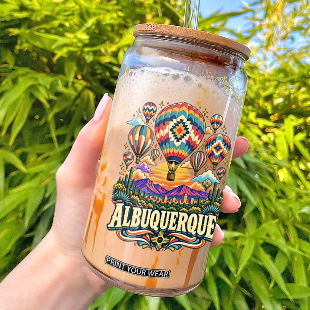 Colorful Albuquerque Hot Air Balloon Festival Graphic Glass Can Southwestern Sunset Skyline Art