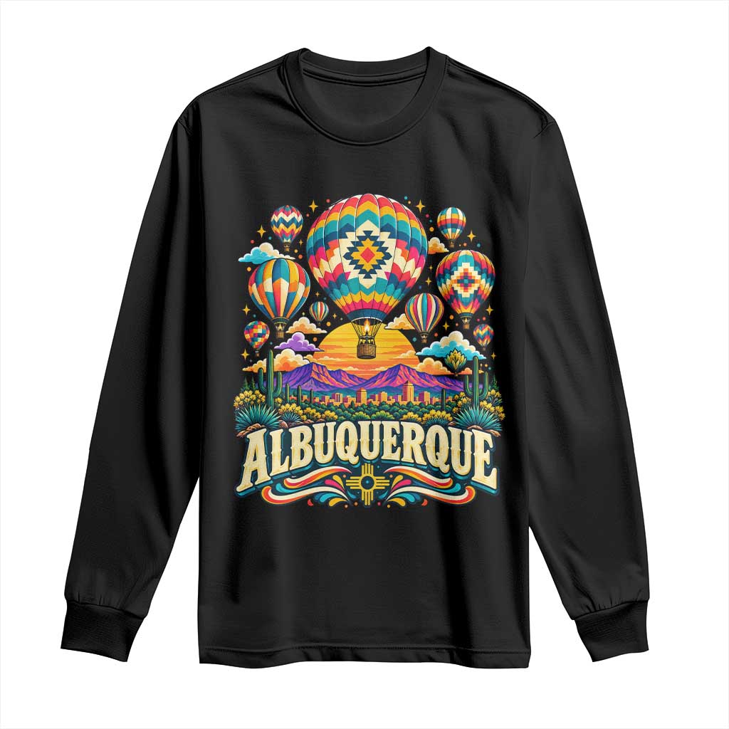 Colorful Albuquerque Hot Air Balloon Festival Graphic Long Sleeve Shirt Southwestern Sunset Skyline Art