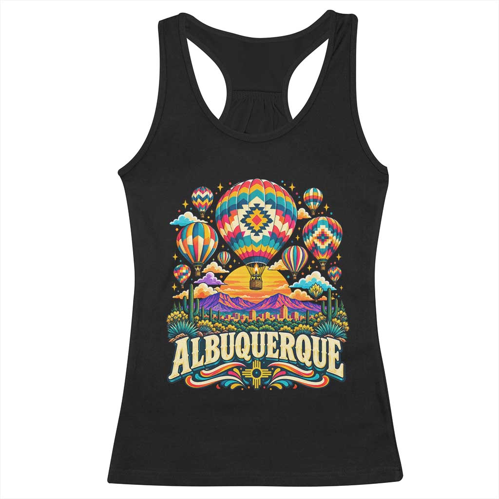 Colorful Albuquerque Hot Air Balloon Festival Graphic Racerback Tank Top Southwestern Sunset Skyline Art