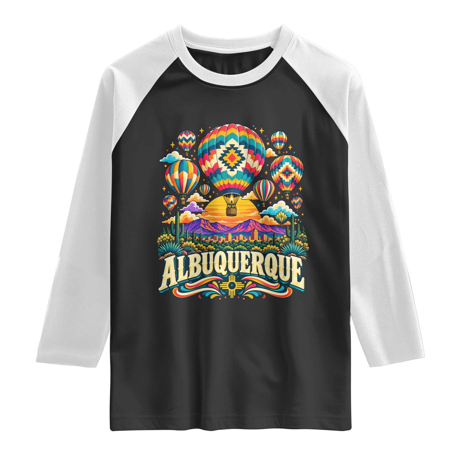 Colorful Albuquerque Hot Air Balloon Festival Graphic Raglan Shirt Southwestern Sunset Skyline Art