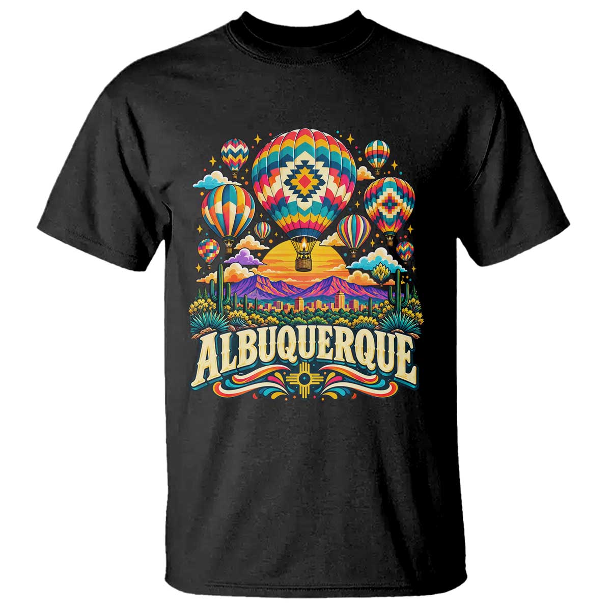 Colorful Albuquerque Hot Air Balloon Festival Graphic T Shirt Southwestern Sunset Skyline Art