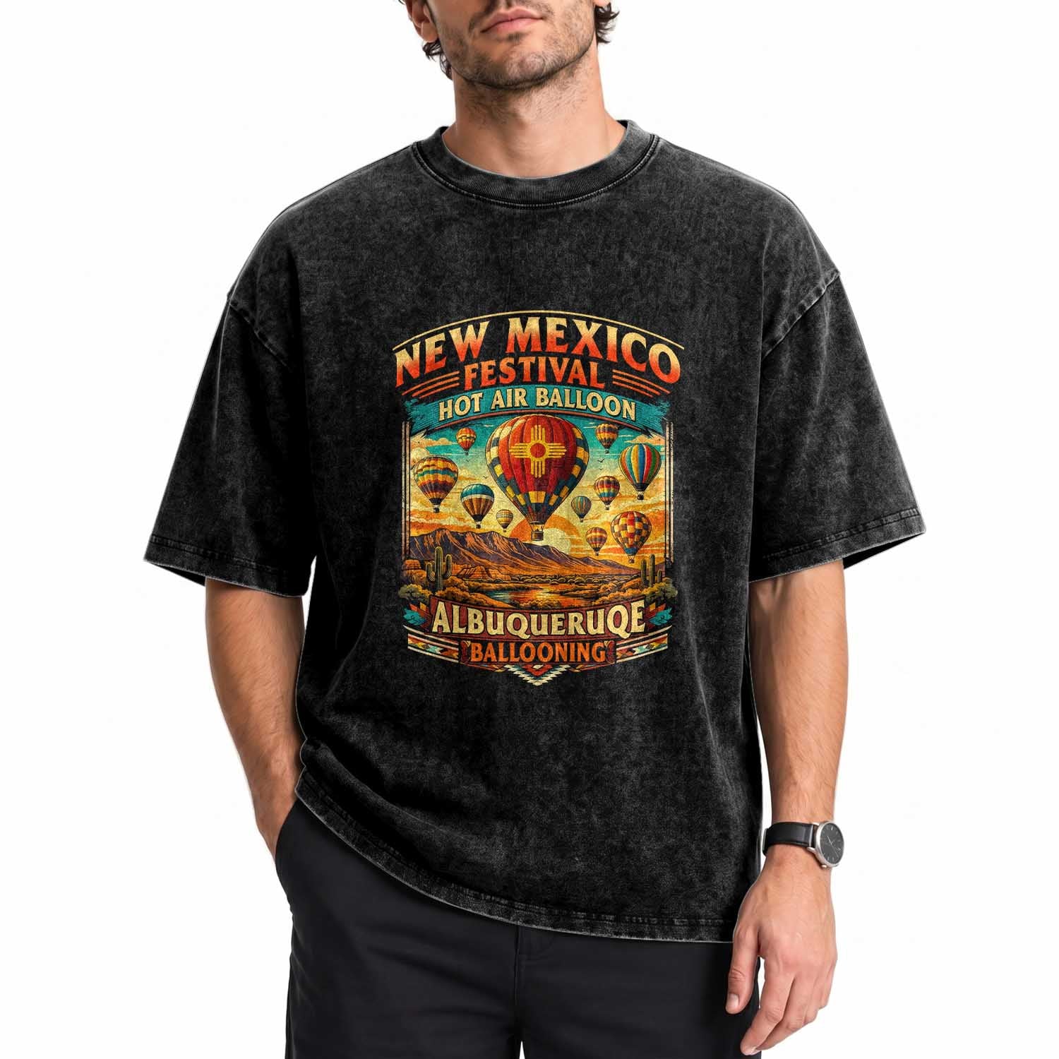 Albuquerque New Mexico Hot Air Balloon Festival Washed Cotton T-Shirt Southwestern Desert Sunset Ballooning Graphic