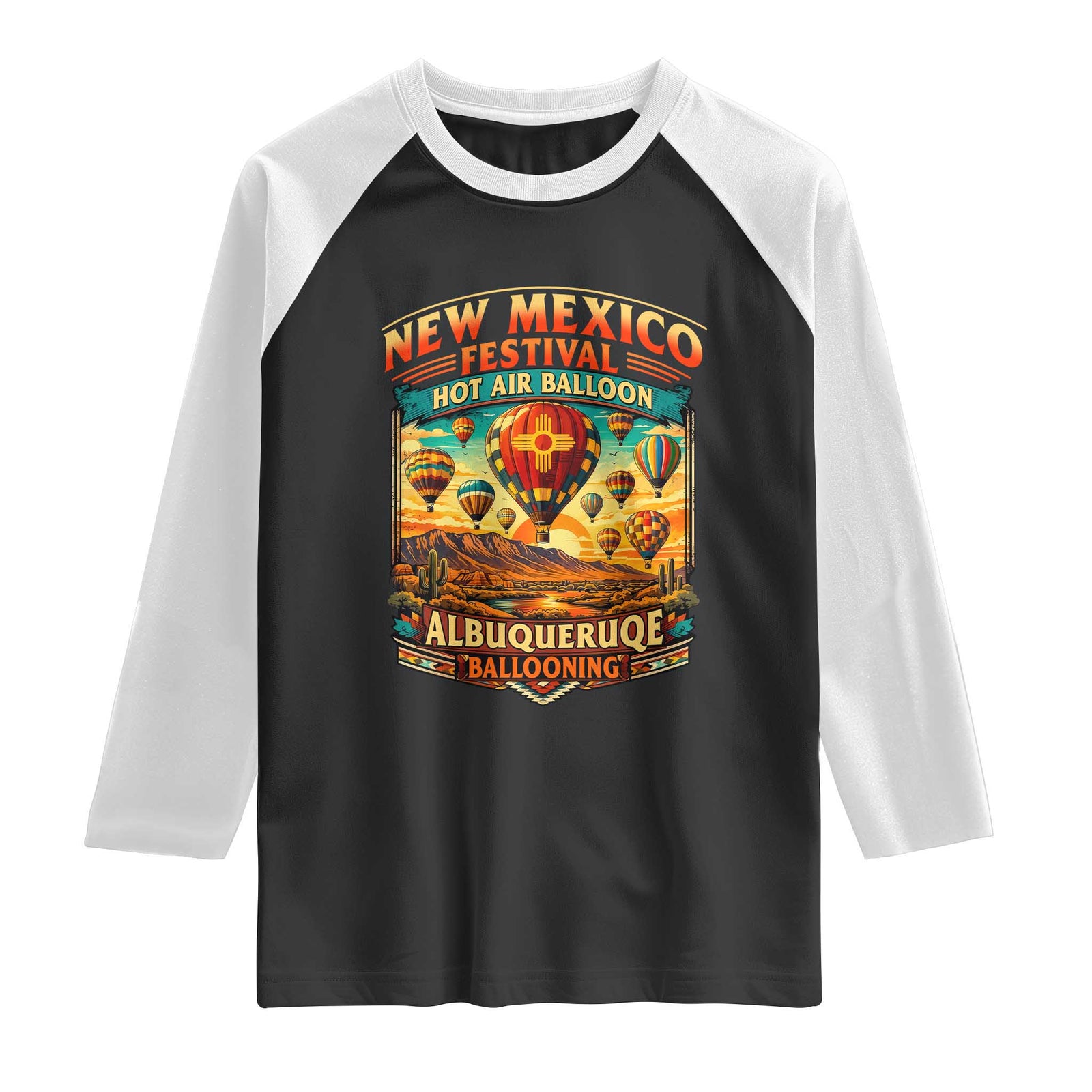 Albuquerque New Mexico Hot Air Balloon Festival Raglan Shirt Southwestern Desert Sunset Ballooning Graphic
