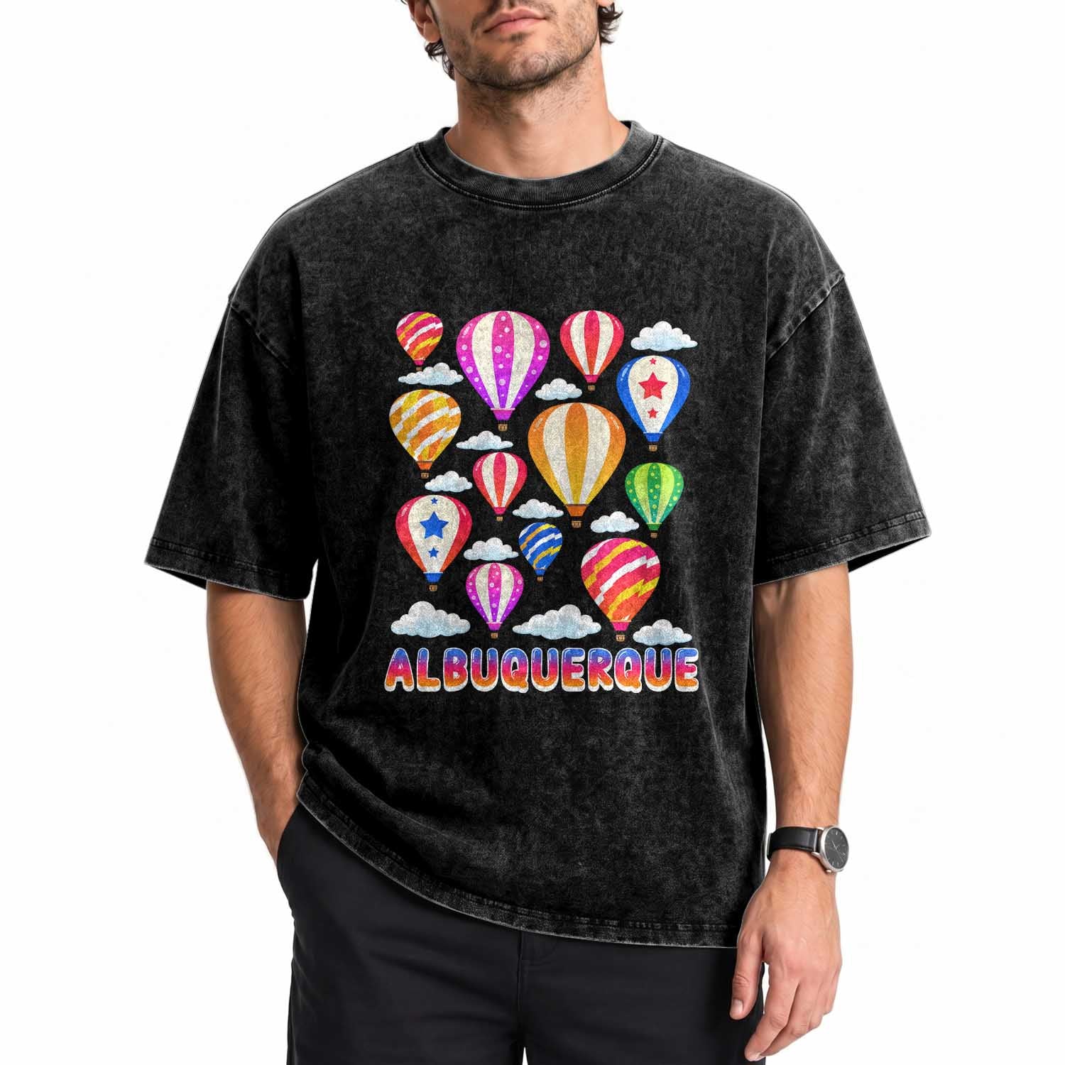 Cute Colorful Hot Air Balloon Albuquerque Graphic Washed Cotton T-Shirt New Mexico Travel Souvenir