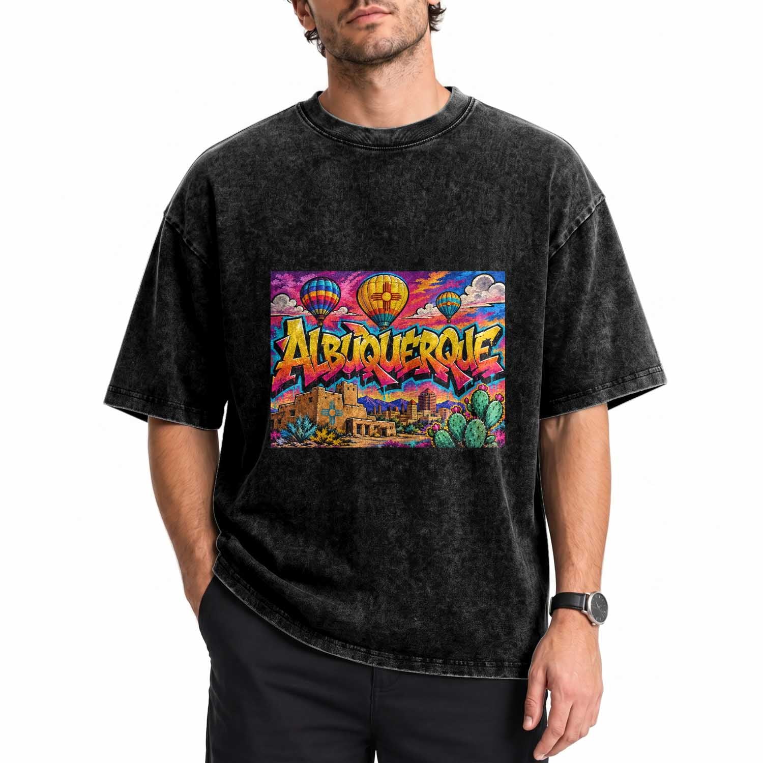 Albuquerque Hot Air Balloon Graffiti Street Art Washed Cotton T-Shirt New Mexico Festival Travel Pueblo City Skyline