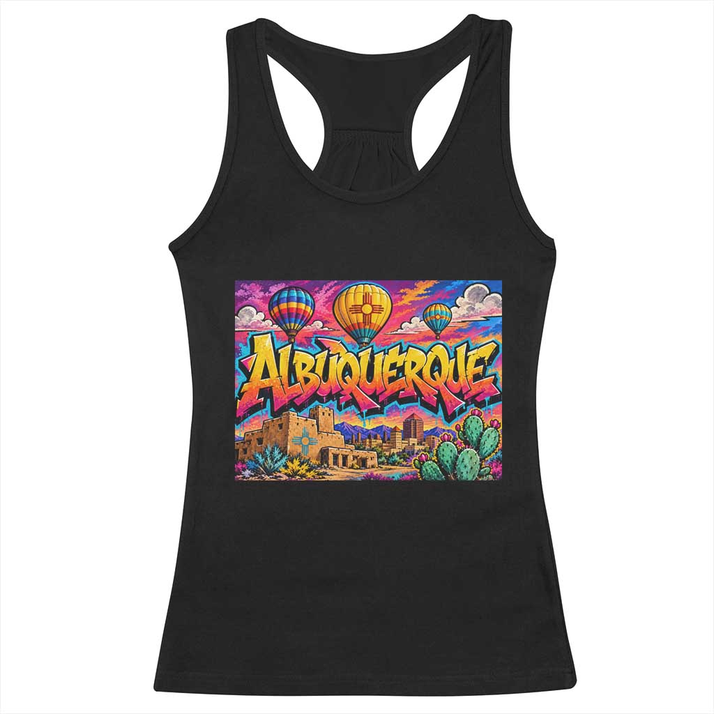 Albuquerque Hot Air Balloon Graffiti Street Art Racerback Tank Top New Mexico Festival Travel Pueblo City Skyline
