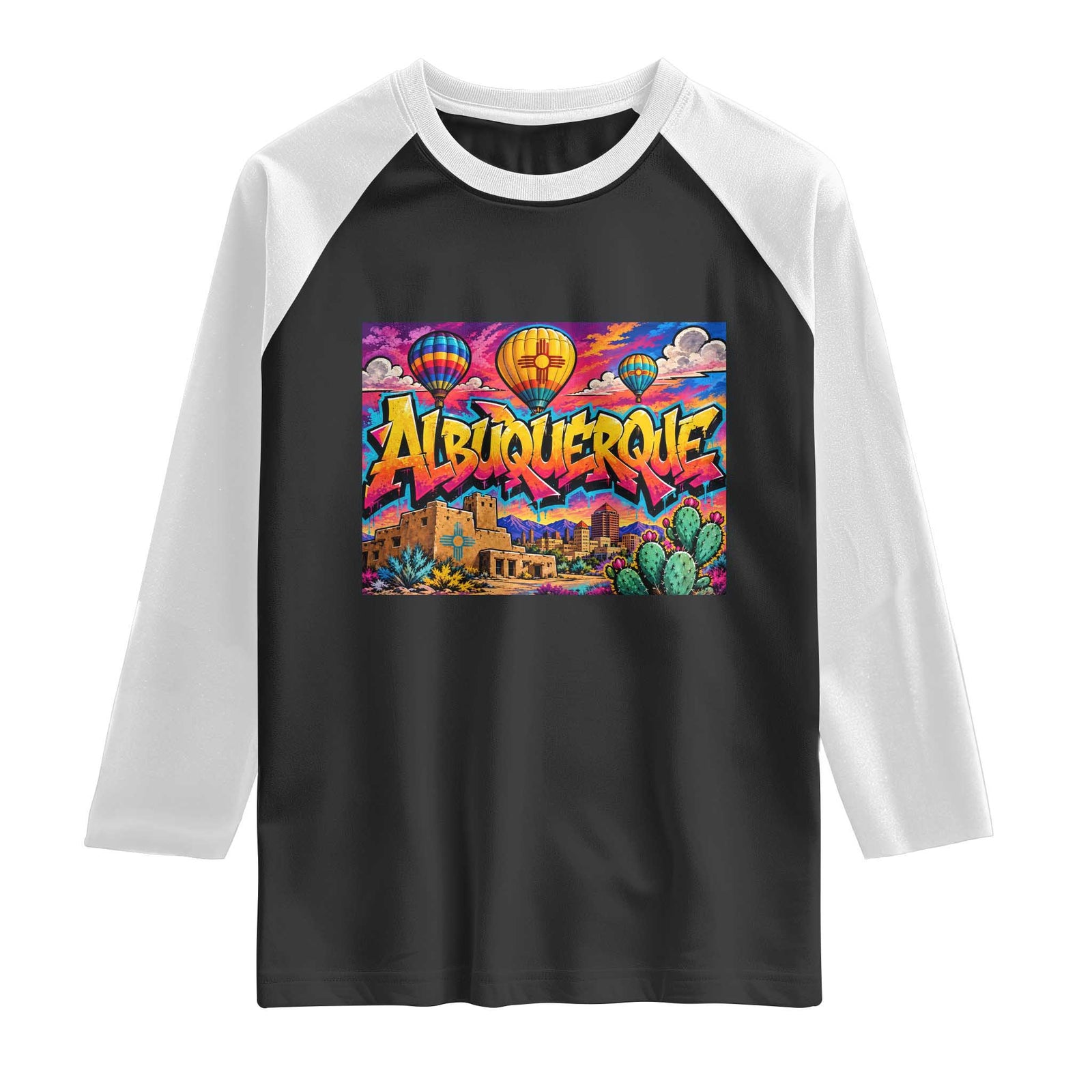 Albuquerque Hot Air Balloon Graffiti Street Art Raglan Shirt New Mexico Festival Travel Pueblo City Skyline