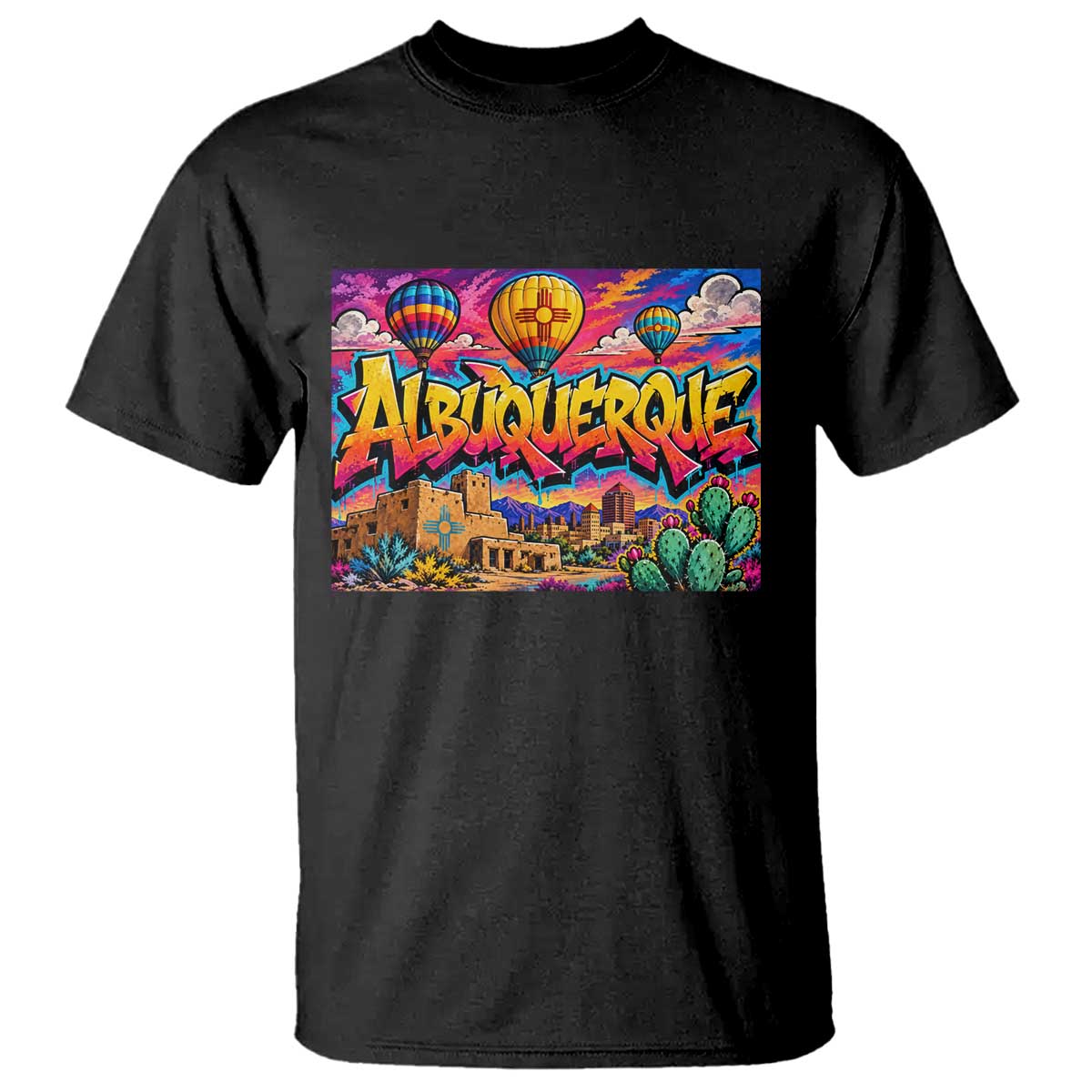 Albuquerque Hot Air Balloon Graffiti Street Art T Shirt New Mexico Festival Travel Pueblo City Skyline