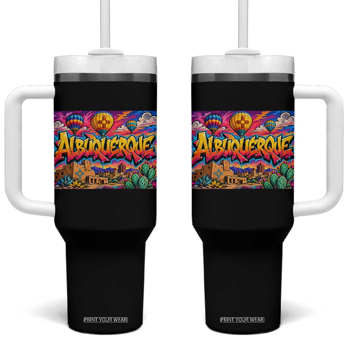 Albuquerque Hot Air Balloon Graffiti Street Art Tumbler With Handle New Mexico Festival Travel Pueblo City Skyline