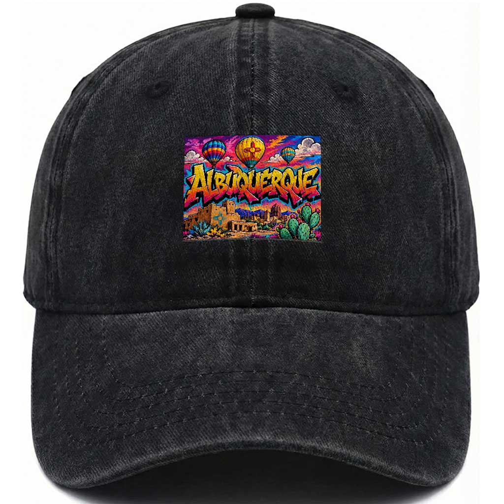 Albuquerque Hot Air Balloon Graffiti Street Art Washed Cotton Baseball Cap New Mexico Festival Travel Pueblo City Skyline