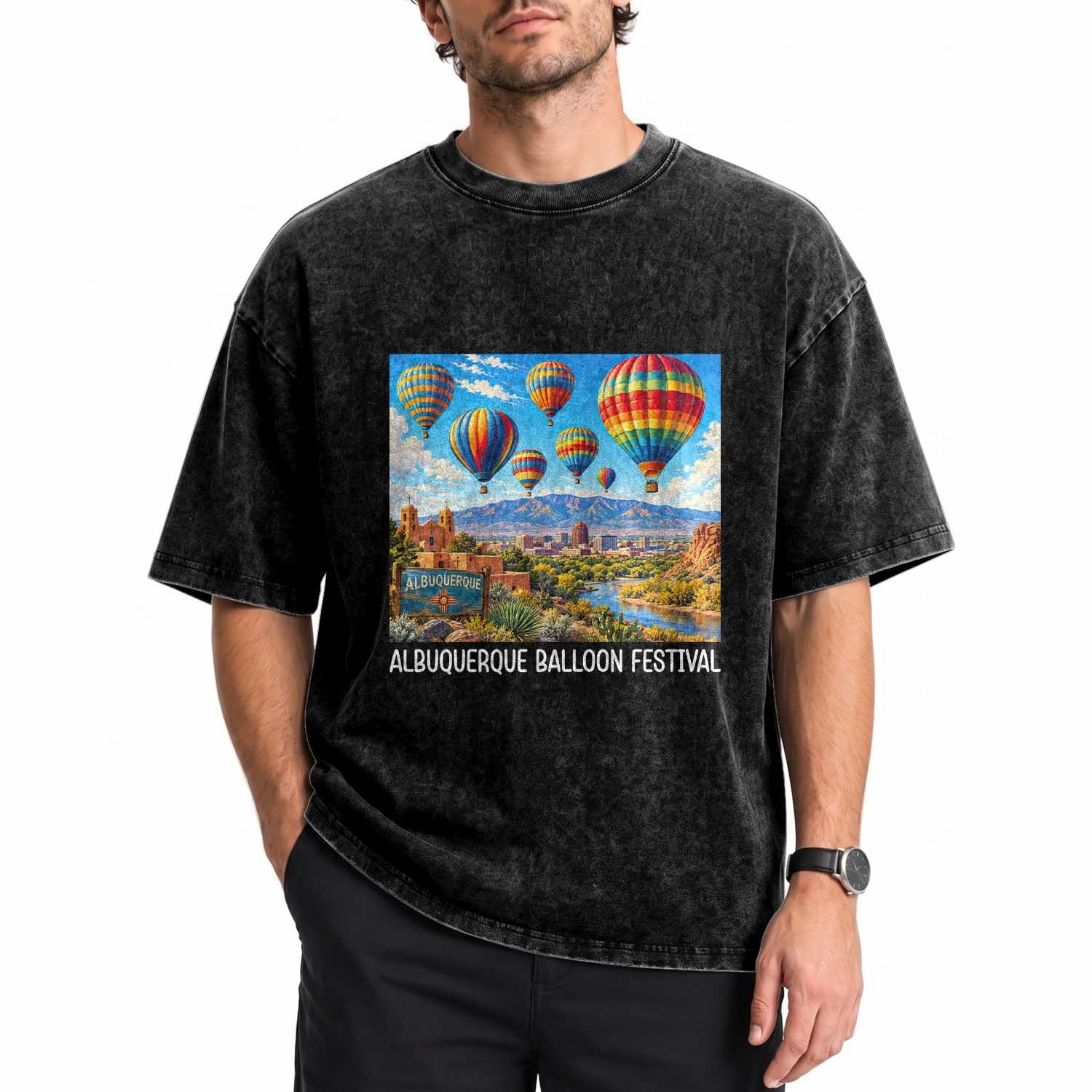 Albuquerque Balloon Festival Scenic Panorama Washed Cotton T-Shirt New Mexico Skyline Old Town Graphic