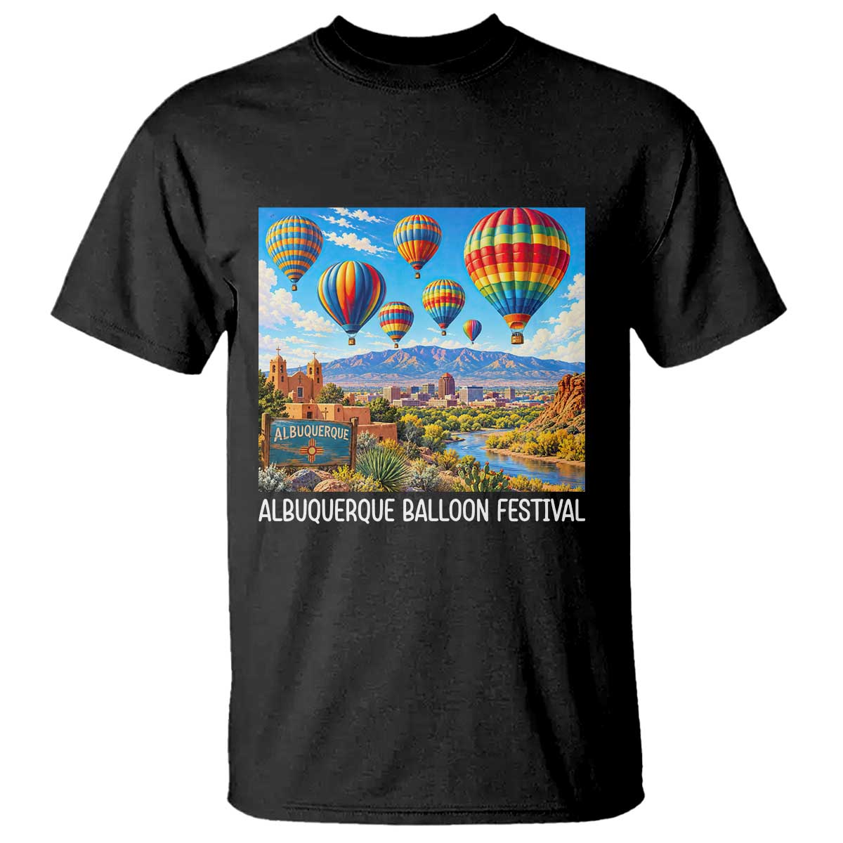 Albuquerque Balloon Festival Scenic Panorama T Shirt New Mexico Skyline Old Town Graphic