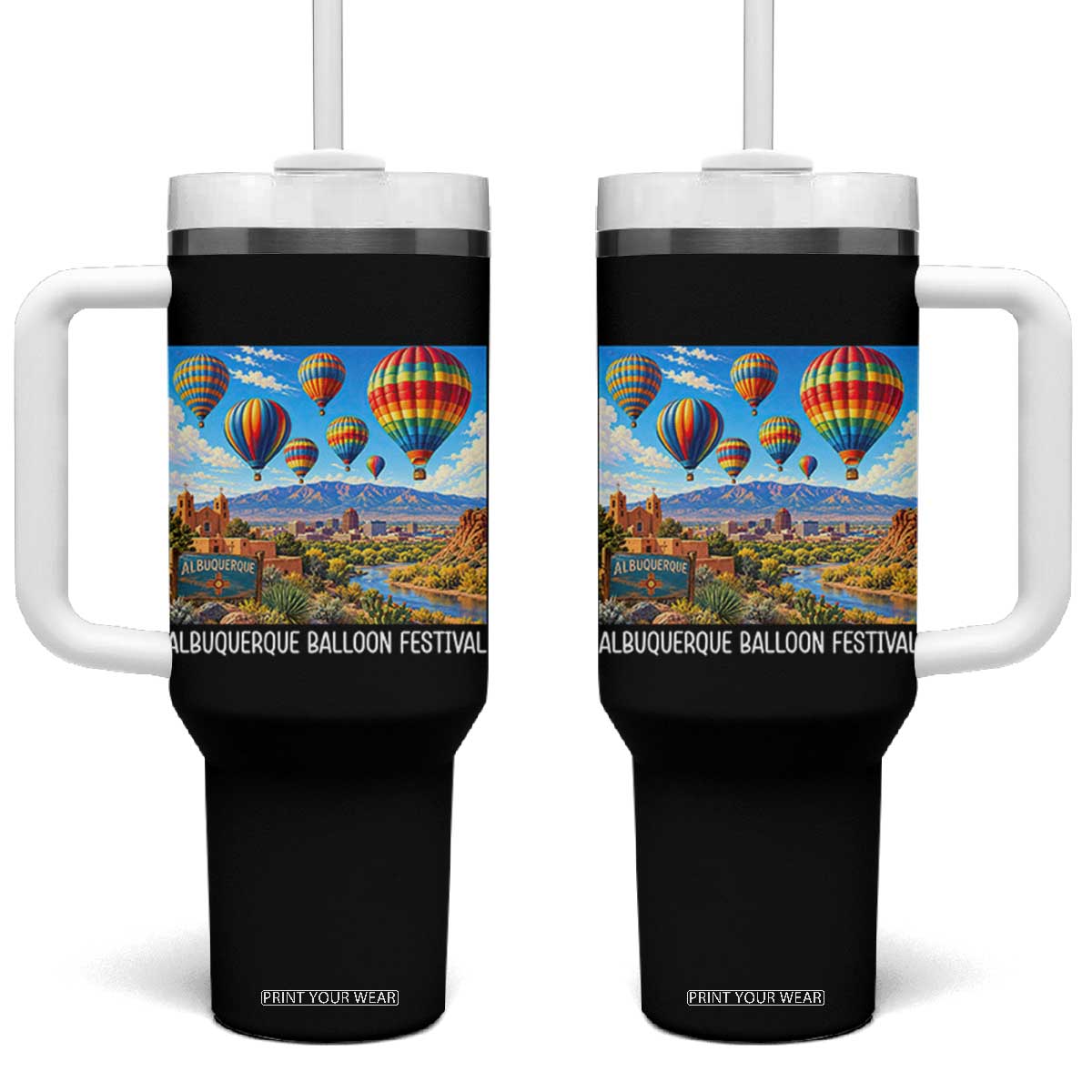 Albuquerque Balloon Festival Scenic Panorama Tumbler With Handle New Mexico Skyline Old Town Graphic