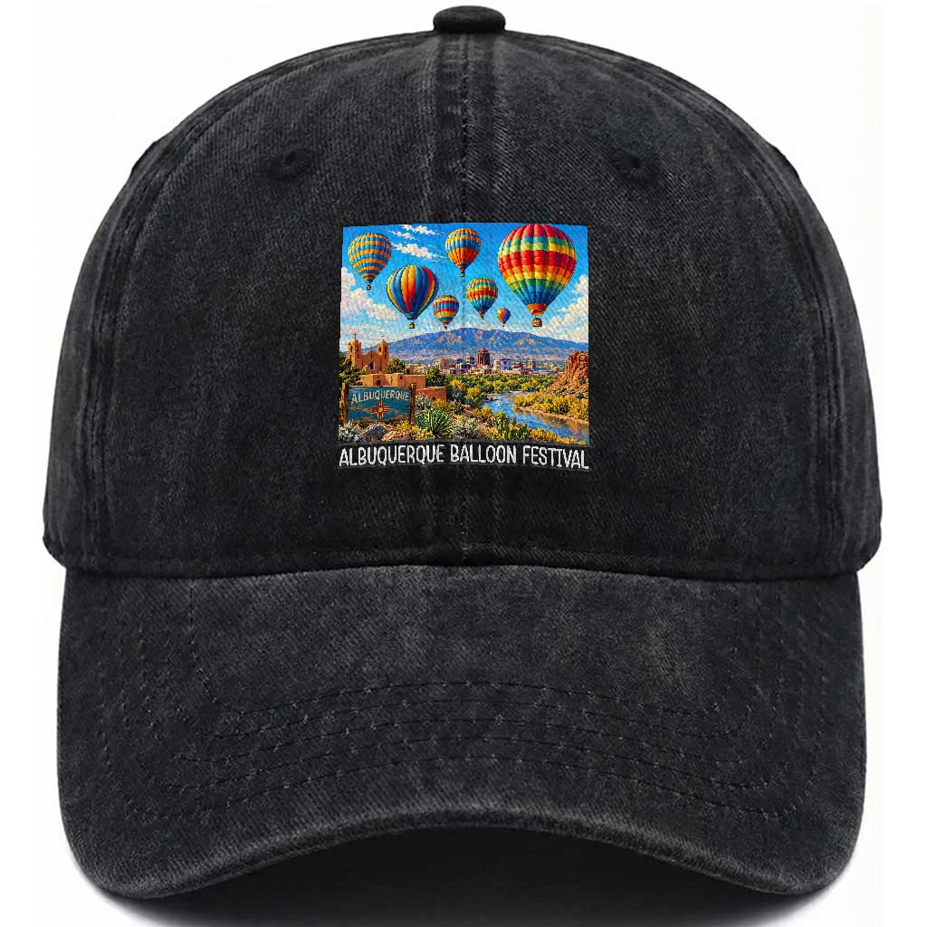 Albuquerque Balloon Festival Scenic Panorama Washed Cotton Baseball Cap New Mexico Skyline Old Town Graphic