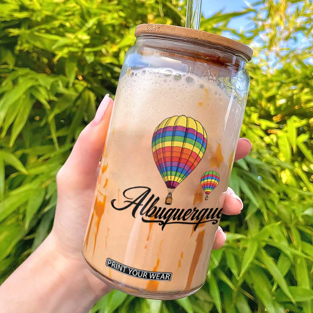 Albuquerque Rainbow Striped Hot Air Balloon Graphic Glass Can New Mexico Festival Trip