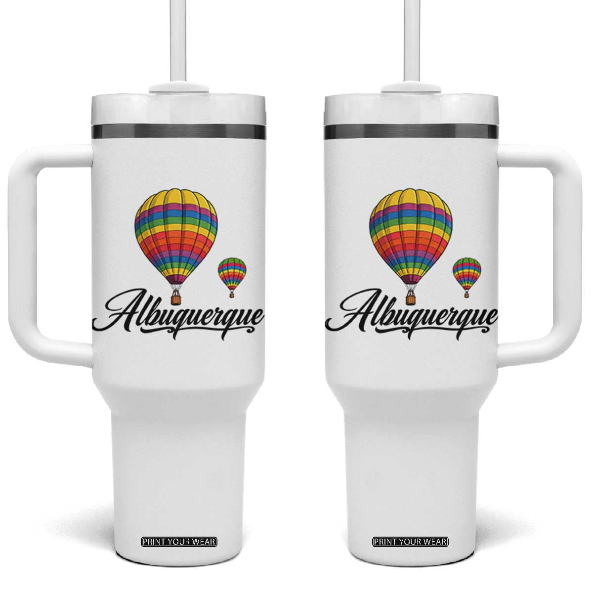 Albuquerque Rainbow Striped Hot Air Balloon Graphic Tumbler With Handle New Mexico Festival Trip