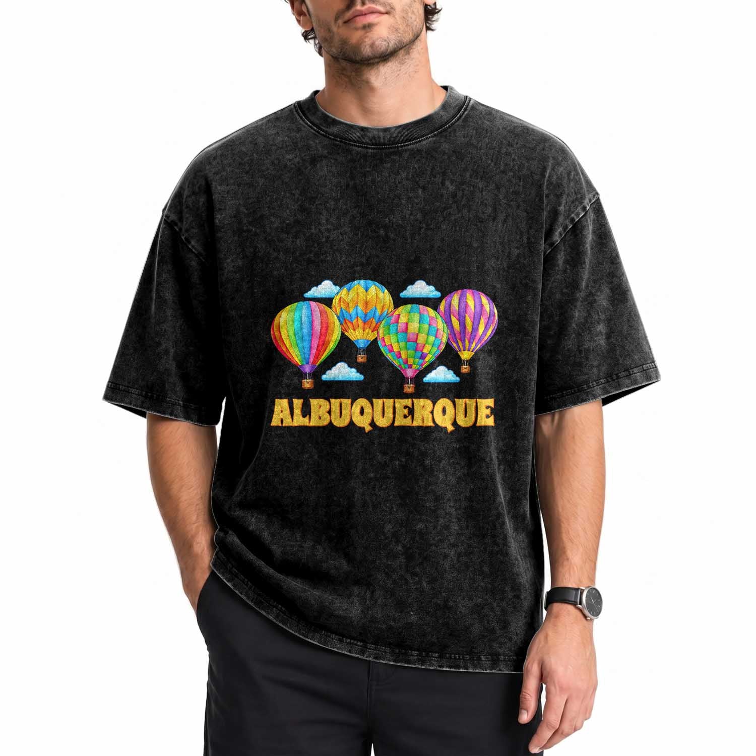 Albuquerque Hot Air Balloon Sky Graphic Washed Cotton T-Shirt Vibrant Colorful Ballooning New Mexico Festival