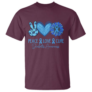 Peace Love Cure Blue Ribbon Sunflower Diabetes Awareness T Shirt TS02 Maroon Printyourwear