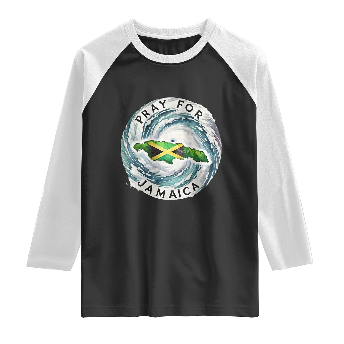 Pray For Jamaica Hurricane Support Raglan Shirt Strong Island Map and Storm Graphic TS02 Black White Print Your Wear