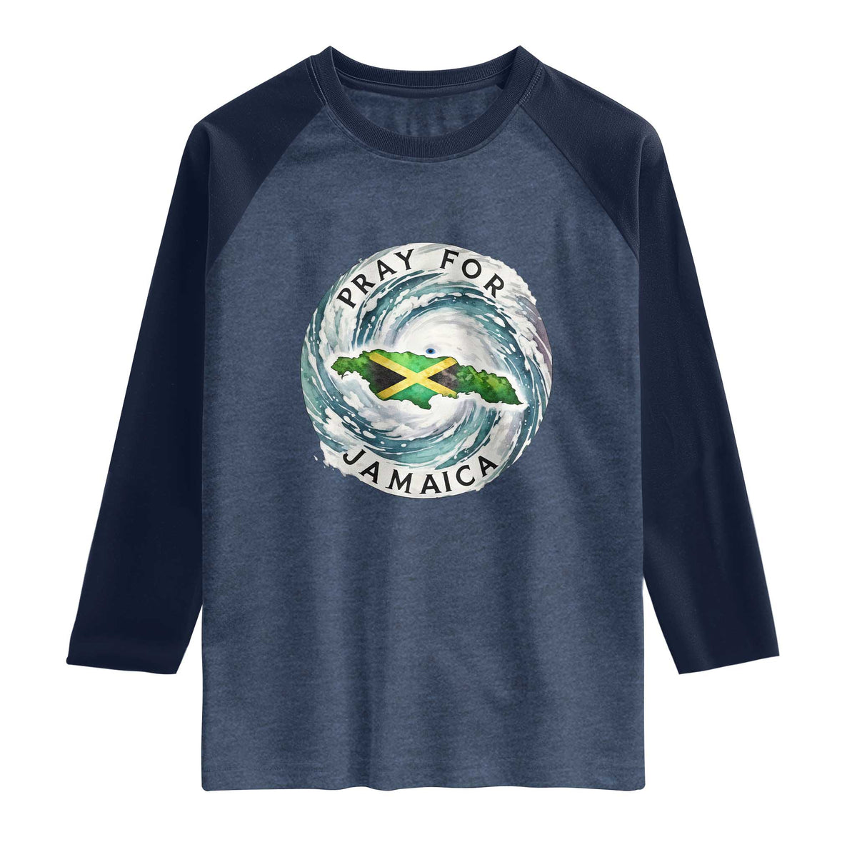 Pray For Jamaica Hurricane Support Raglan Shirt Strong Island Map and Storm Graphic TS02 Heather Denim Navy Print Your Wear