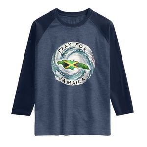 Pray For Jamaica Hurricane Support Raglan Shirt Strong Island Map and Storm Graphic TS02 Heather Denim Navy Print Your Wear