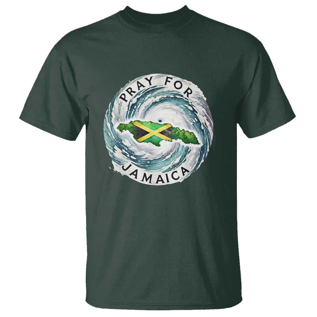 Pray For Jamaica Hurricane Support T Shirt Strong Island Map and Storm Graphic TS02 Dark Forest Green Print Your Wear