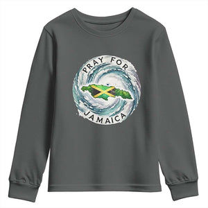 Pray For Jamaica Hurricane Support Youth Sweatshirt Strong Island Map and Storm Graphic TS02 Dark Heather Print Your Wear
