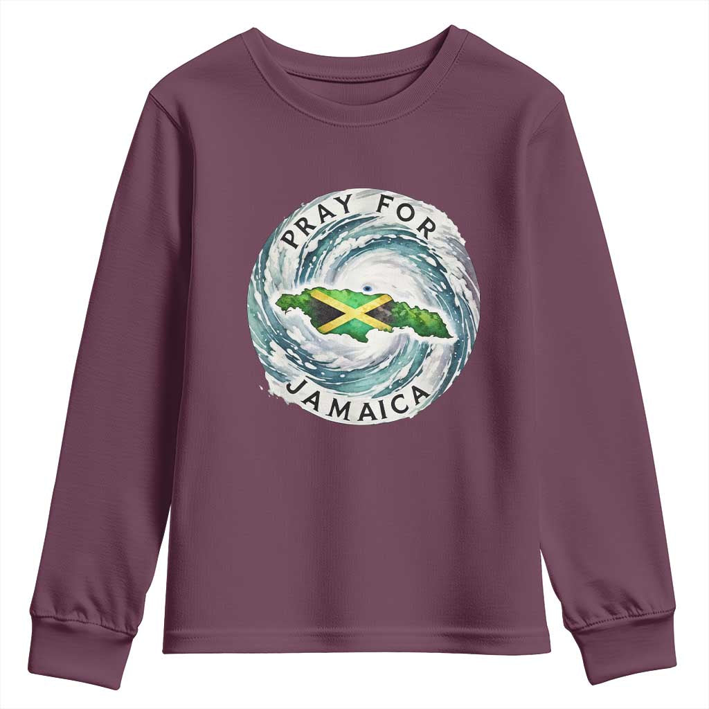 Pray For Jamaica Hurricane Support Youth Sweatshirt Strong Island Map and Storm Graphic TS02 Maroon Print Your Wear