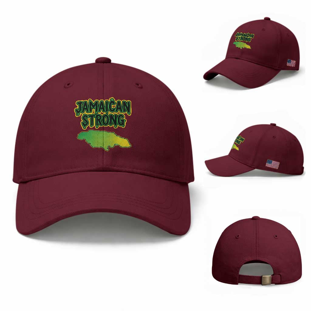 Jamaican Strong Resilience Graphic Baseball Cap Caribbean Island Map Silhouette TS02 Baseball Cap Universal Fit Maroon Print Your Wear