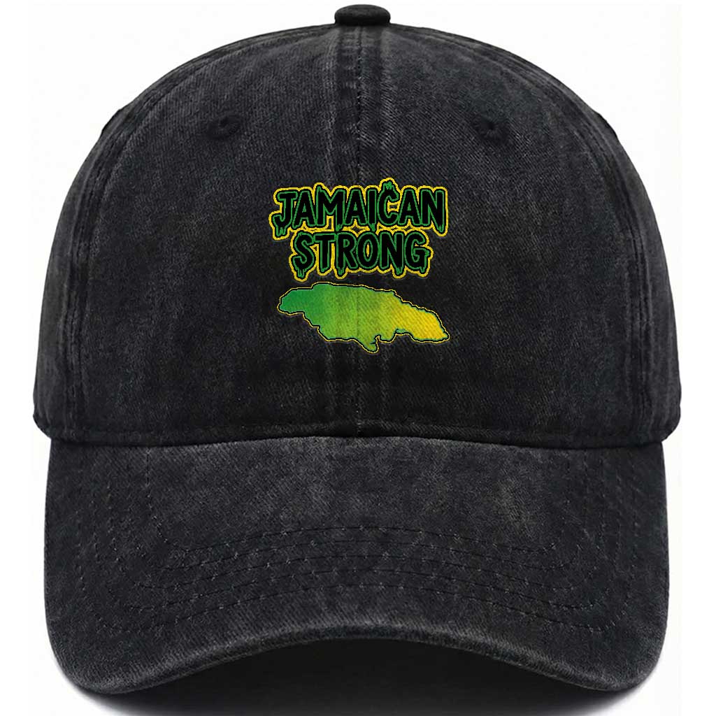 Jamaican Strong Resilience Graphic Washed Cotton Baseball Cap Caribbean Island Map Silhouette TS02 Print Your Wear
