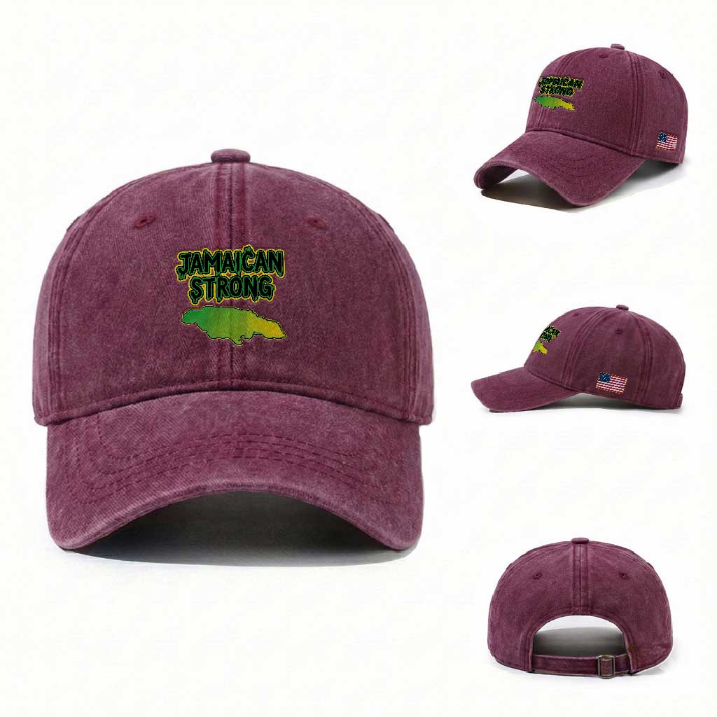 Jamaican Strong Resilience Graphic Washed Cotton Baseball Cap Caribbean Island Map Silhouette TS02 Washed Cap Universal Fit Burgundy Print Your Wear
