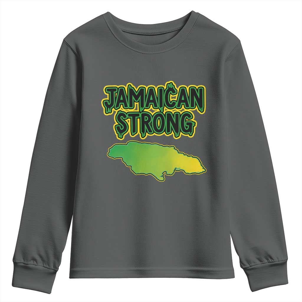 Jamaican Strong Resilience Graphic Youth Sweatshirt Caribbean Island Map Silhouette TS02 Dark Heather Print Your Wear
