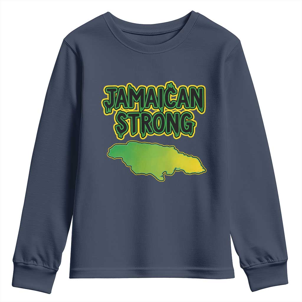 Jamaican Strong Resilience Graphic Youth Sweatshirt Caribbean Island Map Silhouette TS02 Navy Print Your Wear