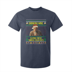 Funny Ed Gein Christmas Meme T Shirt For Kid Drinking Wine Eating This Sinful Cold Cuts Viral Scene TS02 Navy Print Your Wear
