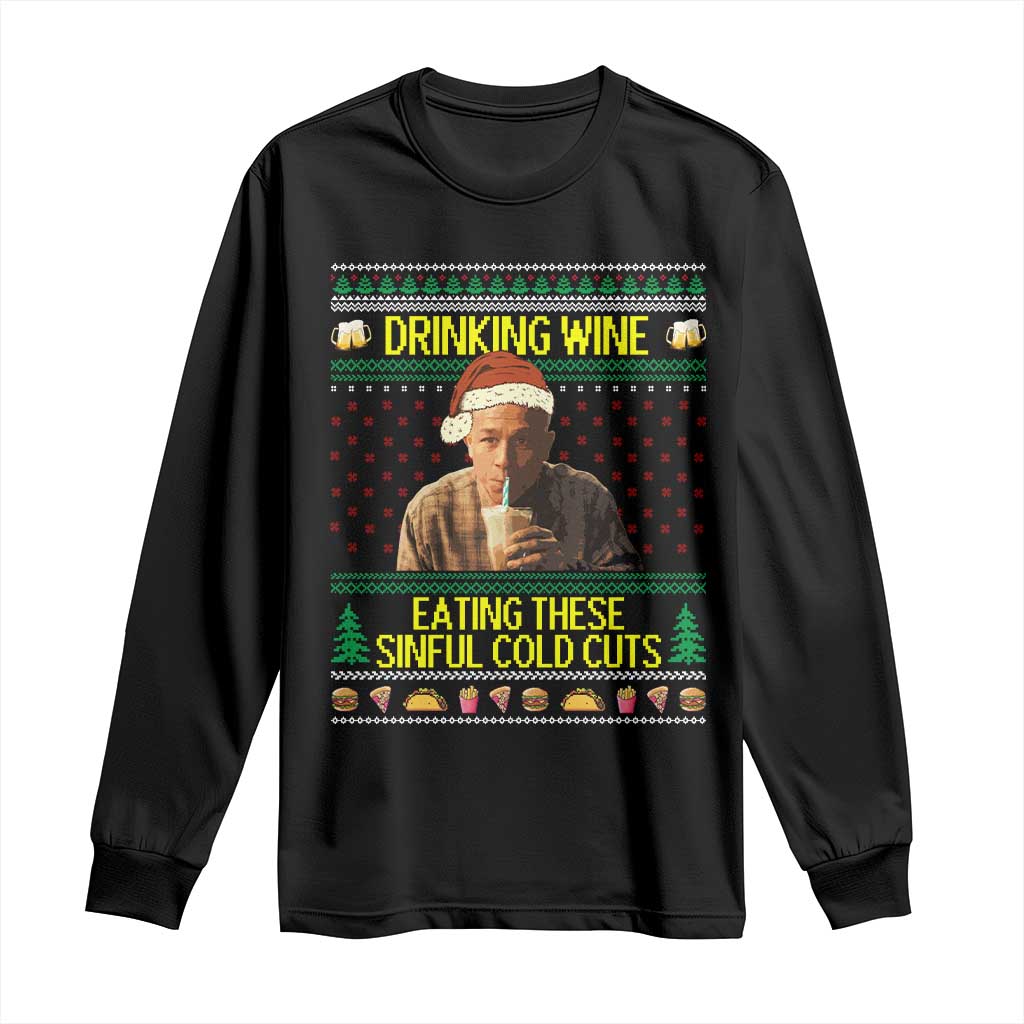 Funny Ed Gein Christmas Meme Long Sleeve Shirt Drinking Wine Eating This Sinful Cold Cuts Viral Scene TS02 Black Print Your Wear