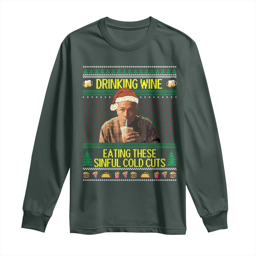 Funny Ed Gein Christmas Meme Long Sleeve Shirt Drinking Wine Eating This Sinful Cold Cuts Viral Scene TS02 Dark Forest Green Print Your Wear