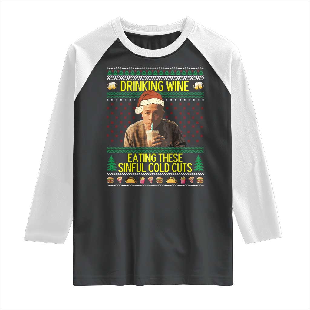 Funny Ed Gein Christmas Meme Raglan Shirt Drinking Wine Eating This Sinful Cold Cuts Viral Scene TS02 Black White Print Your Wear
