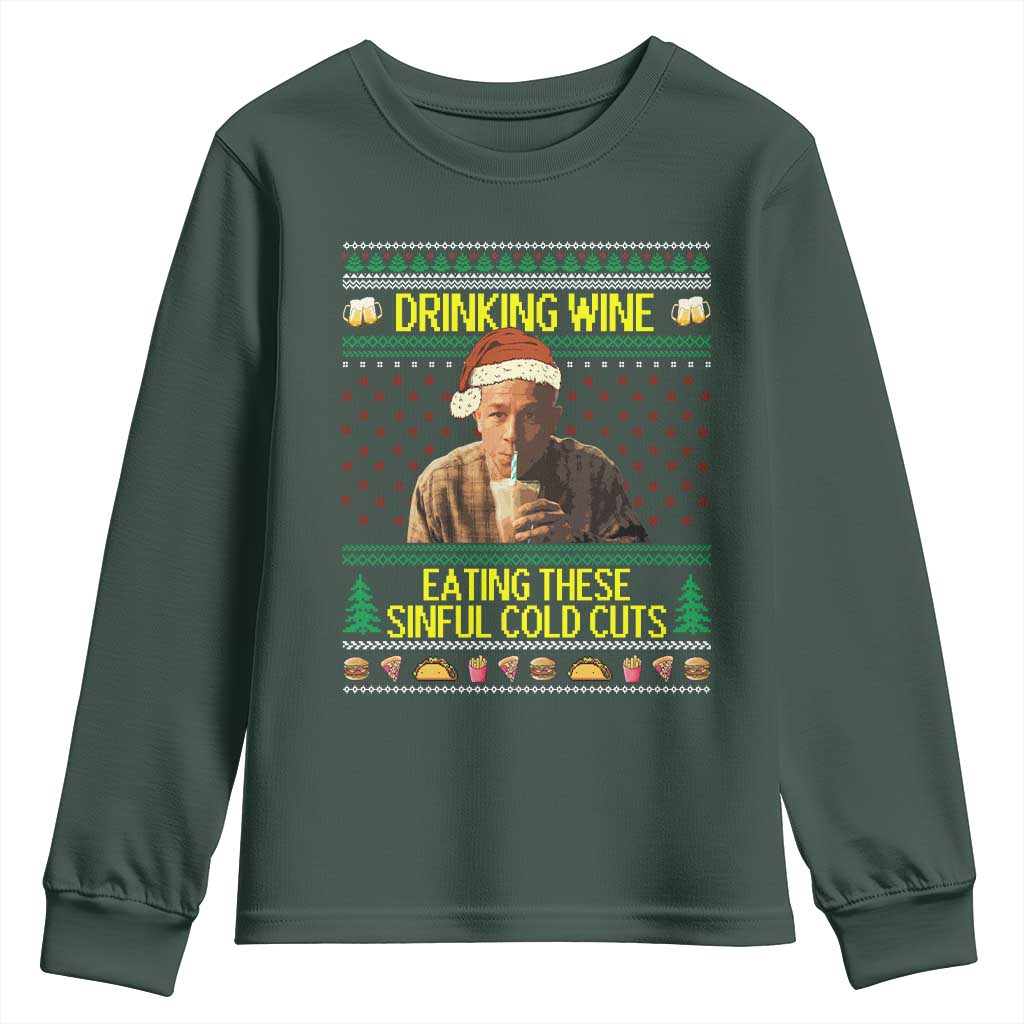 Funny Ed Gein Christmas Meme Youth Sweatshirt Drinking Wine Eating This Sinful Cold Cuts Viral Scene TS02 Dark Forest Green Print Your Wear