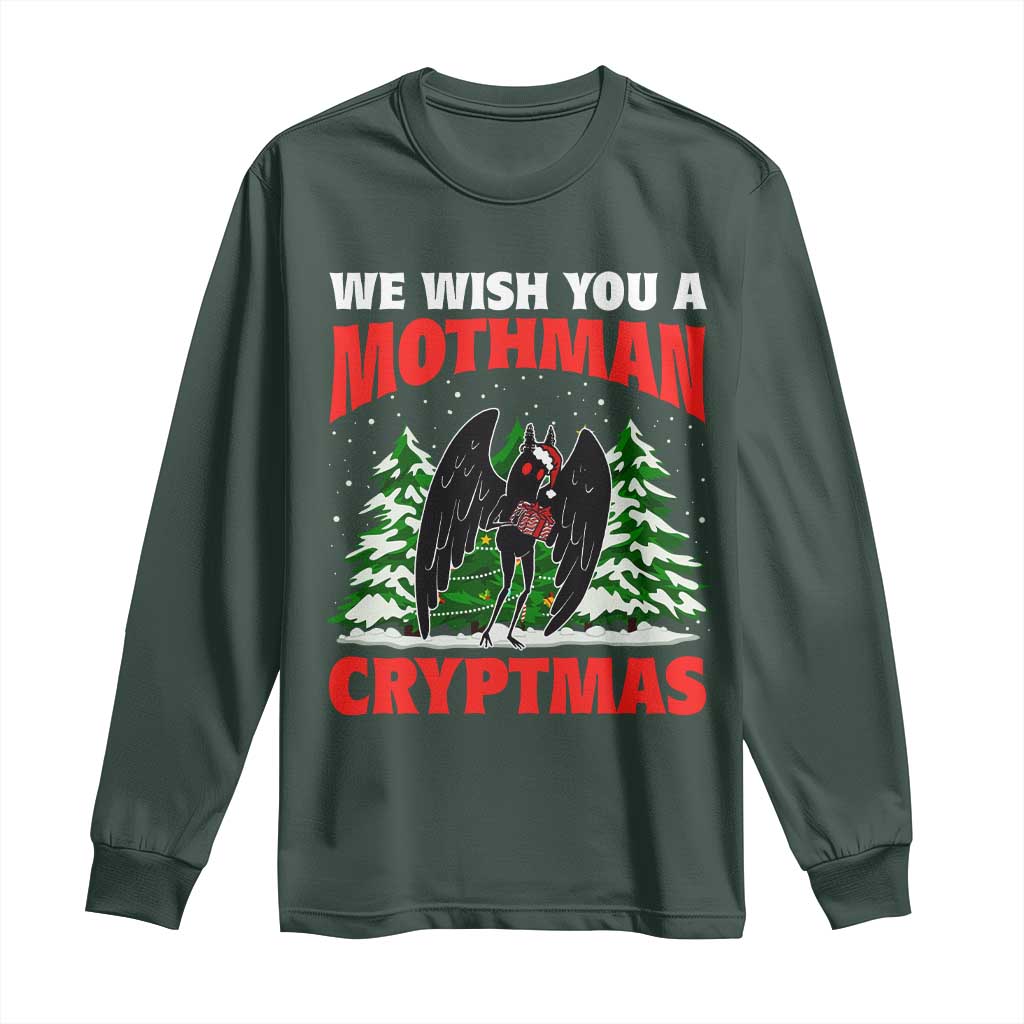 Mothman Christmas Long Sleeve Shirt We Wish You A Mothman Cryptmas Cryptid Cryptidcore TS02 Dark Forest Green Print Your Wear