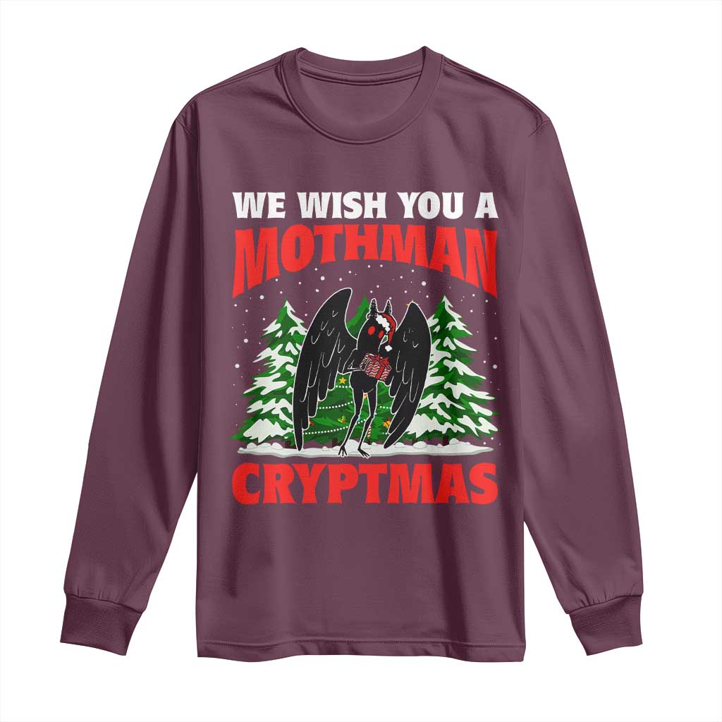 Mothman Christmas Long Sleeve Shirt We Wish You A Mothman Cryptmas Cryptid Cryptidcore TS02 Maroon Print Your Wear