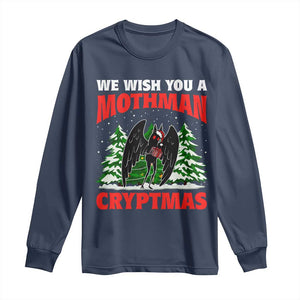 Mothman Christmas Long Sleeve Shirt We Wish You A Mothman Cryptmas Cryptid Cryptidcore TS02 Navy Print Your Wear