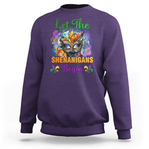 Funny Mardi Gras Sweatshirt Let The Shenanigans Begin Mask Carnival Lover TS02 Purple Printyourwear