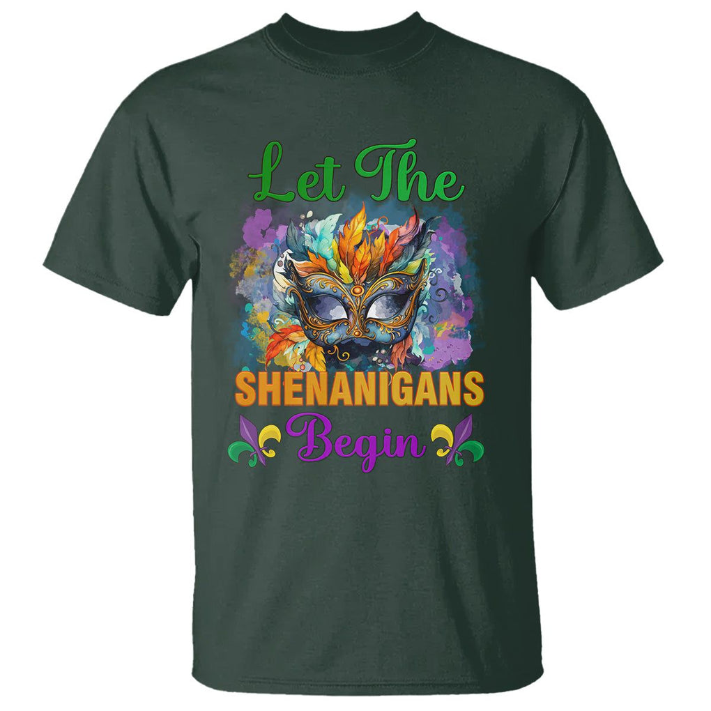 Funny Mardi Gras T Shirt Let The Shenanigans Begin Mask Carnival Lover TS02 Dark Forest Green Printyourwear