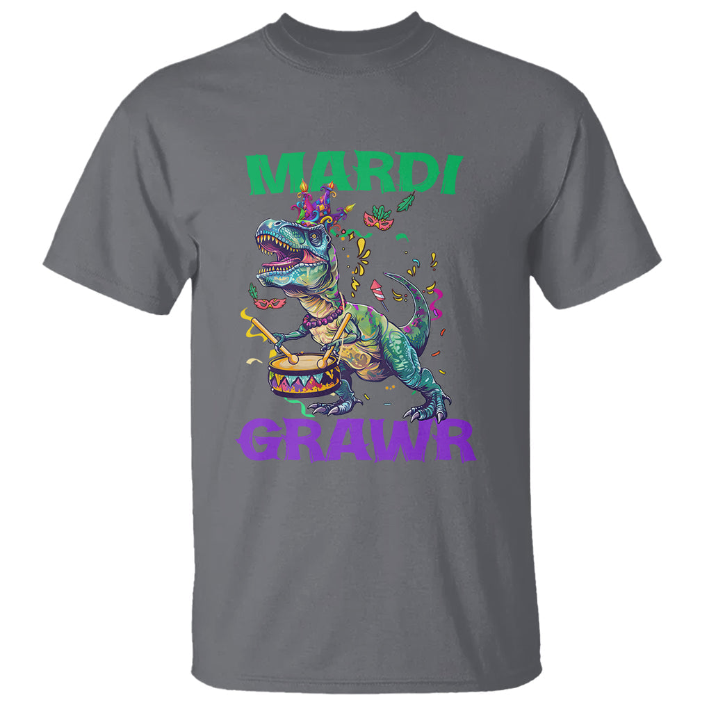 Funny Mardi Gras Dinosaur T Shirt Mardi Grawr Rex TS02 Charcoal Printyourwear