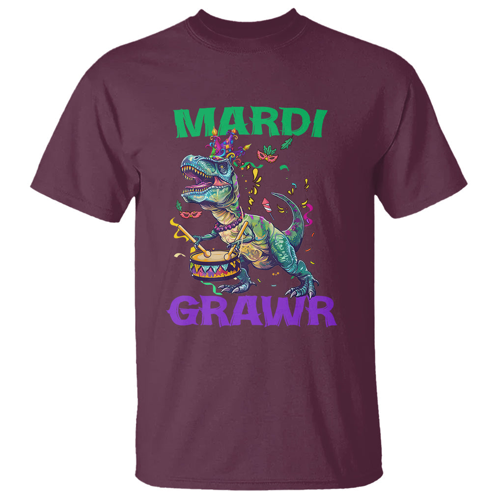 Funny Mardi Gras Dinosaur T Shirt Mardi Grawr Rex TS02 Maroon Printyourwear