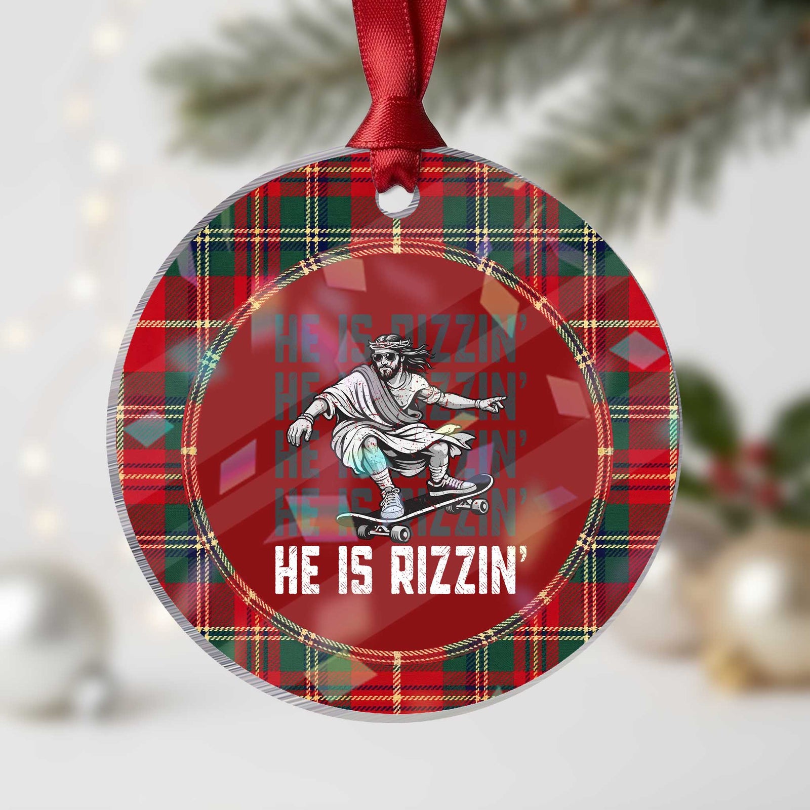 He Is Rizzin Funny Christian Easter Skateboarding Jesus Meme Holographic Acrylic Ornament Faith Humor Trendy Youth Gift