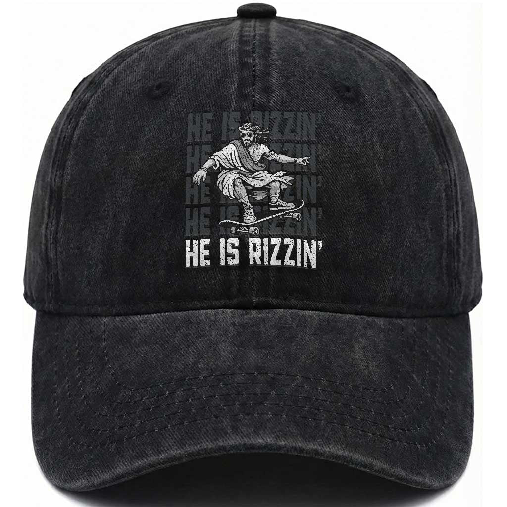 He Is Rizzin Funny Christian Easter Skateboarding Jesus Meme Washed Cotton Baseball Cap Faith Humor Trendy Youth Gift TS02 Print Your Wear