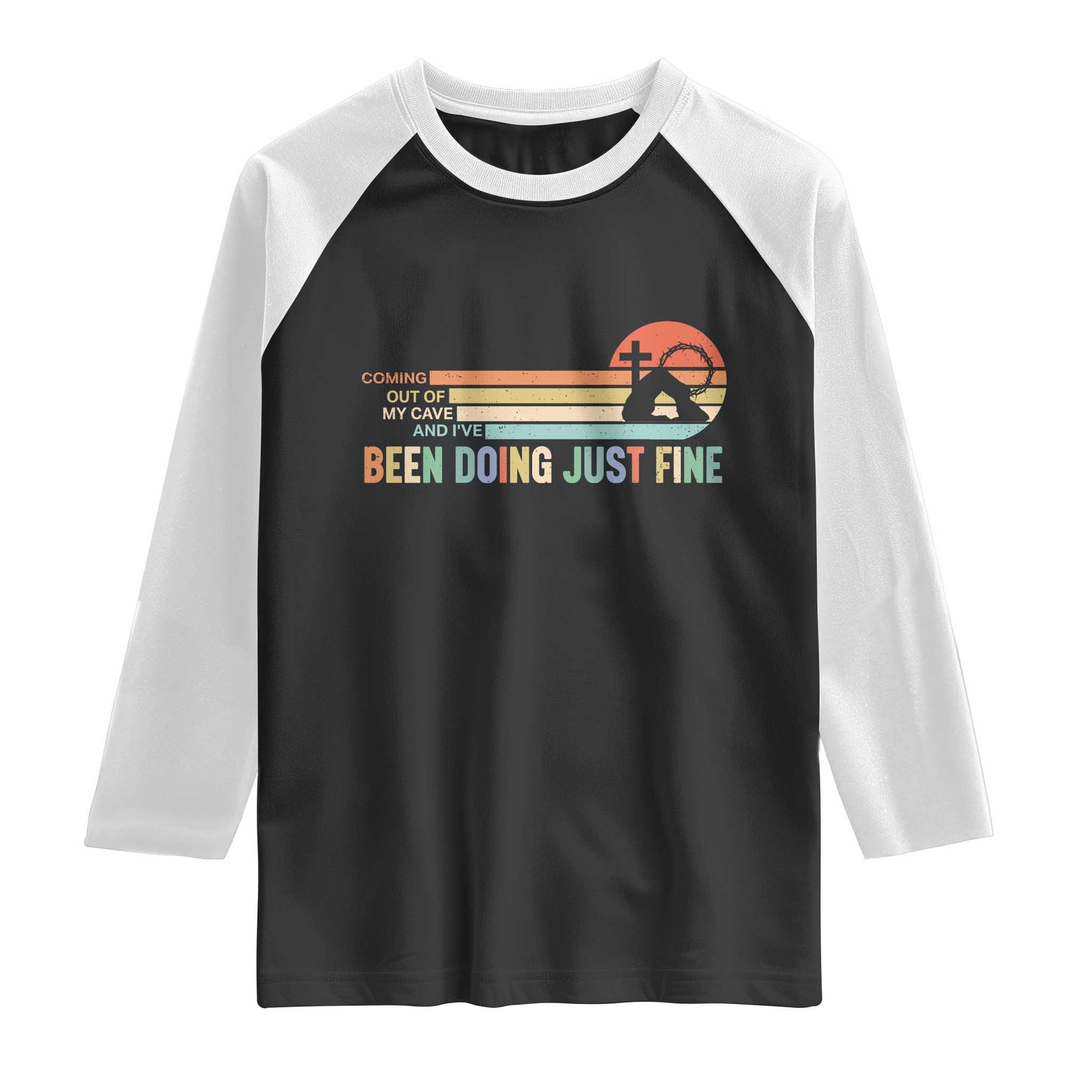 Retro Coming Out Of My Cave Christian Easter Parody Raglan Shirt I’ve Been Doing Just Fine Resurrection Humor Faith Gift TS02 Black White Print Your Wear