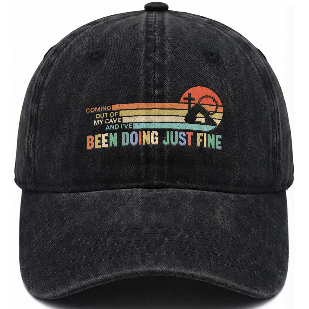 Retro Coming Out Of My Cave Christian Easter Parody Washed Cotton Baseball Cap I’ve Been Doing Just Fine Resurrection Humor Faith Gift TS02 Print Your Wear